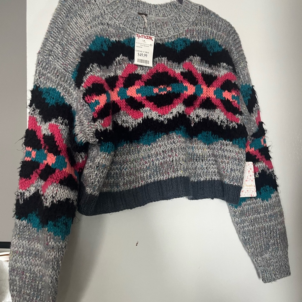 Free People Gray and Pink Cardigan with Geometric Pattern